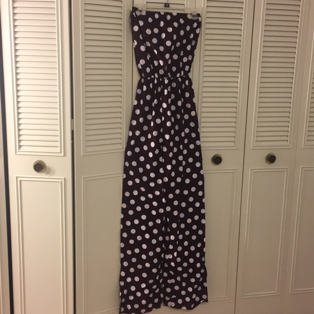 Maroon and white polka dot jump suit